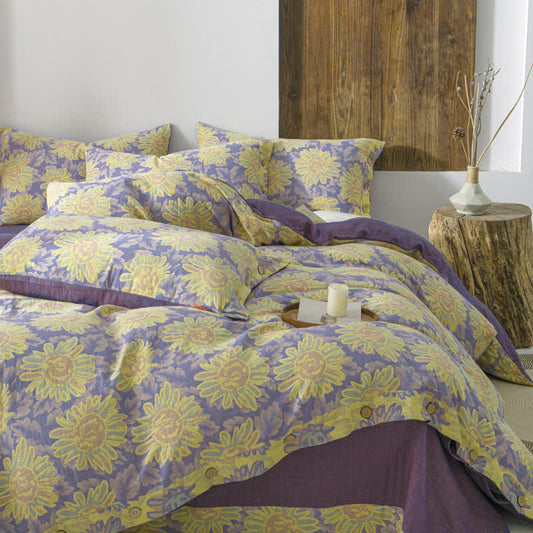 Parure de lit en gaze de coton jacquard motif tournesol (4 pièces)