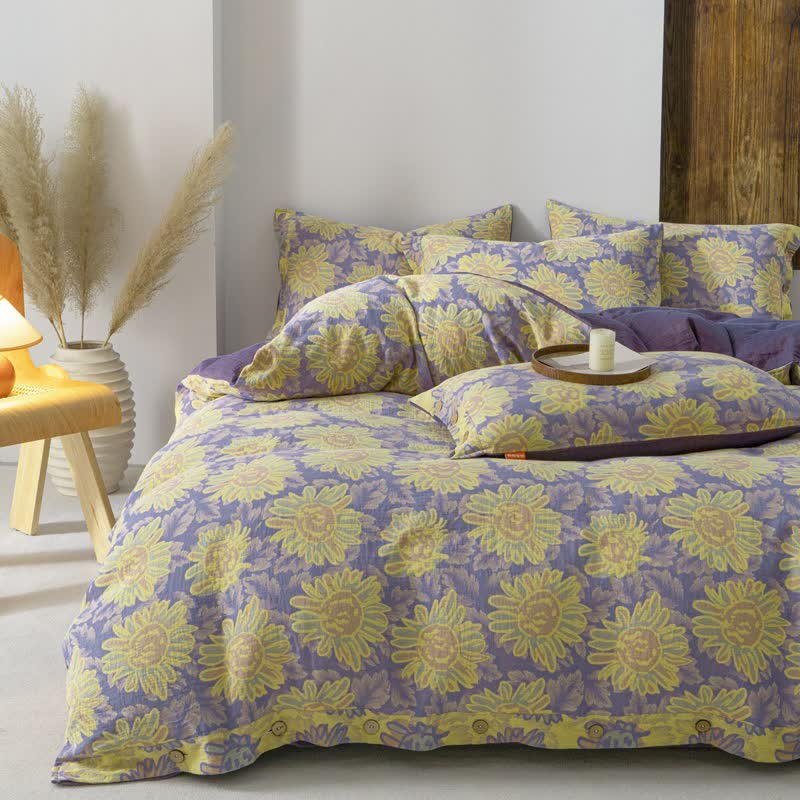 Parure de lit en gaze de coton jacquard motif tournesol (4 pièces)