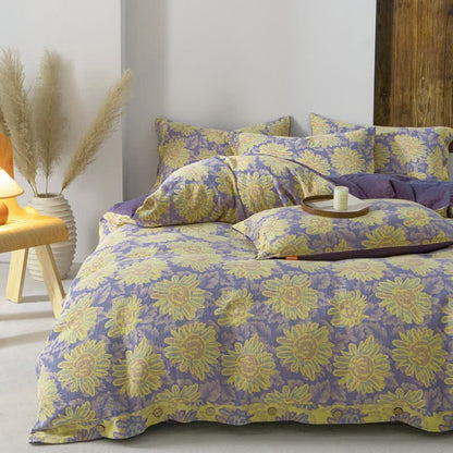 Parure de lit en gaze de coton jacquard motif tournesol (4 pièces)