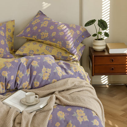 Parure de lit en gaze de coton jacquard à motif floral et boutons (4 pièces)