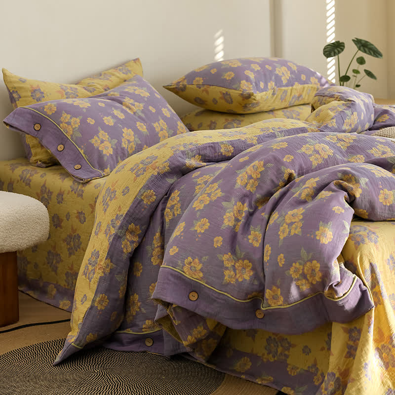 Parure de lit en gaze de coton jacquard à motif floral et boutons (4 pièces)
