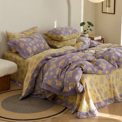 Parure de lit en gaze de coton jacquard à motif floral et boutons (4 pièces)