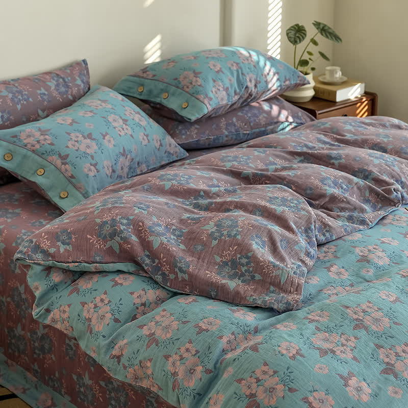 Parure de lit en gaze de coton jacquard à motif floral et boutons (4 pièces)