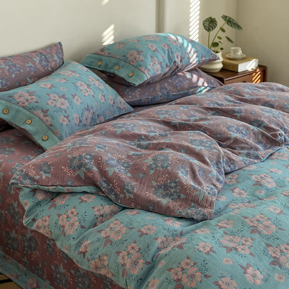 Parure de lit en gaze de coton jacquard à motif floral et boutons (4 pièces)