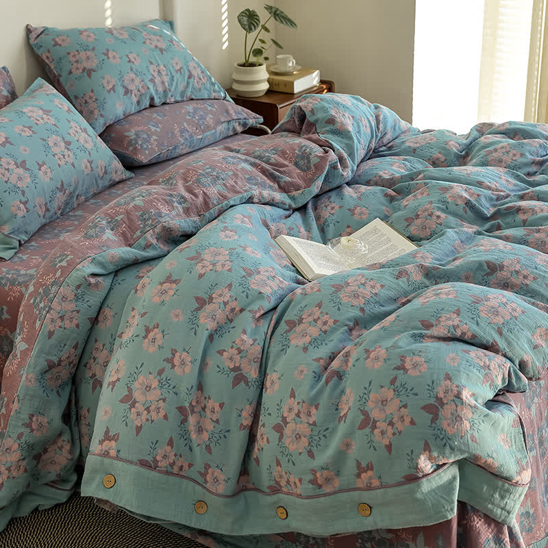 Parure de lit en gaze de coton jacquard à motif floral et boutons (4 pièces)