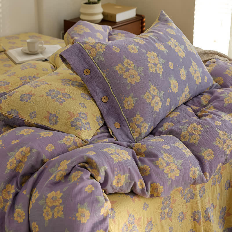 Parure de lit en gaze de coton jacquard à motif floral et boutons (4 pièces)