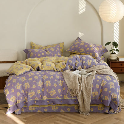 Parure de lit en gaze de coton jacquard à motif floral et boutons (4 pièces)