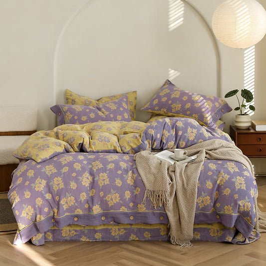 Parure de lit en gaze de coton jacquard à motif floral et boutons (4 pièces)