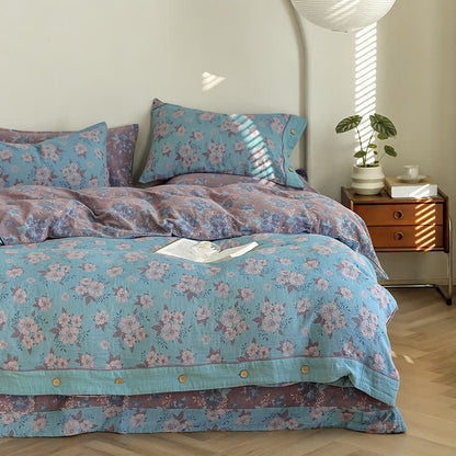 Parure de lit en gaze de coton jacquard à motif floral et boutons (4 pièces)