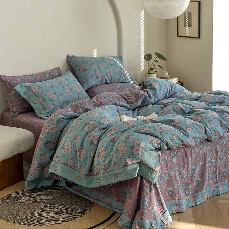 Parure de lit en gaze de coton jacquard à motif floral et boutons (4 pièces)