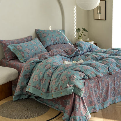 Parure de lit en gaze de coton jacquard à motif floral et boutons (4 pièces)