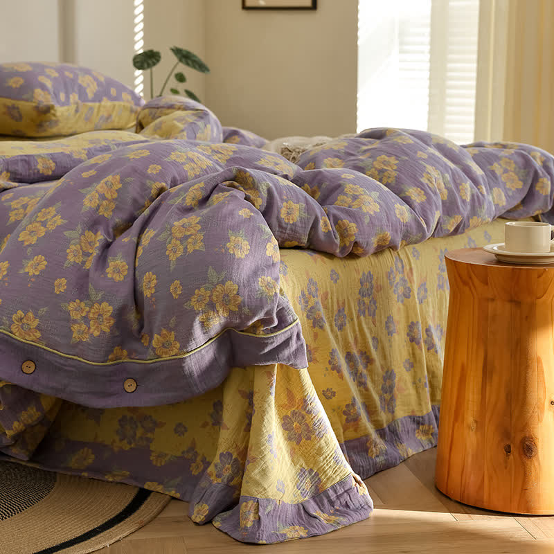 Parure de lit en gaze de coton jacquard à motif floral et boutons (4 pièces)