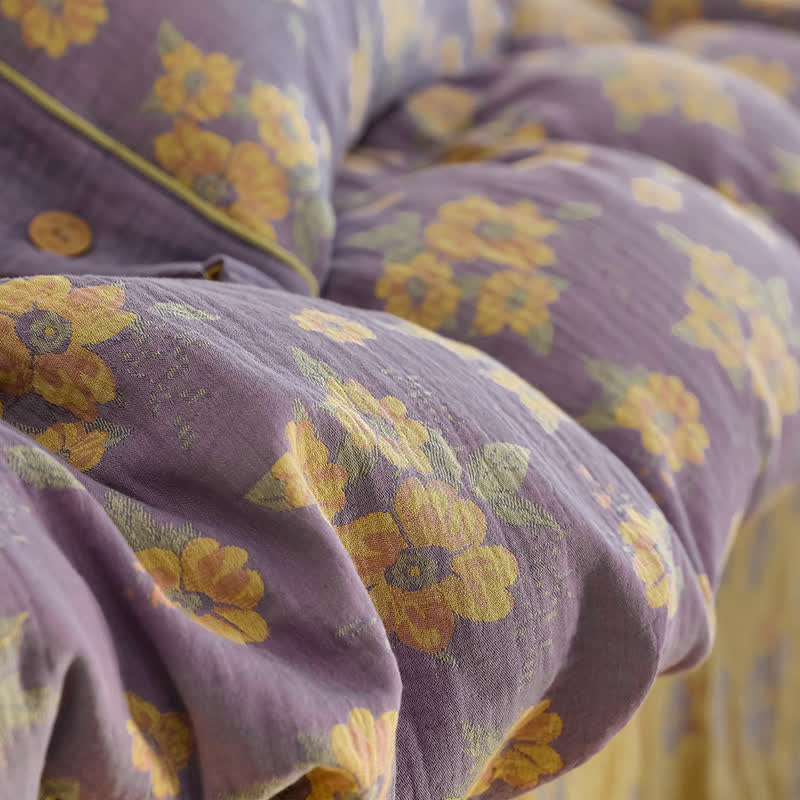 Parure de lit en gaze de coton jacquard à motif floral et boutons (4 pièces)