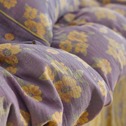 Parure de lit en gaze de coton jacquard à motif floral et boutons (4 pièces)
