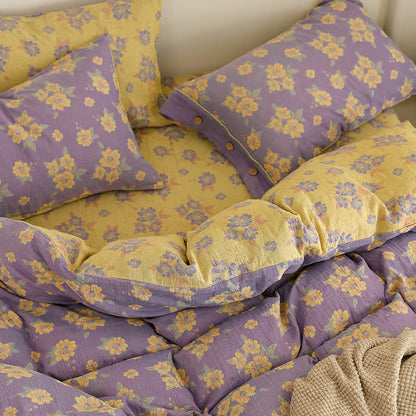 Parure de lit en gaze de coton jacquard à motif floral et boutons (4 pièces)