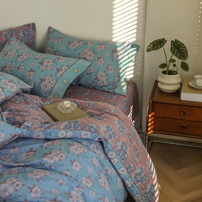 Parure de lit en gaze de coton jacquard à motif floral et boutons (4 pièces)