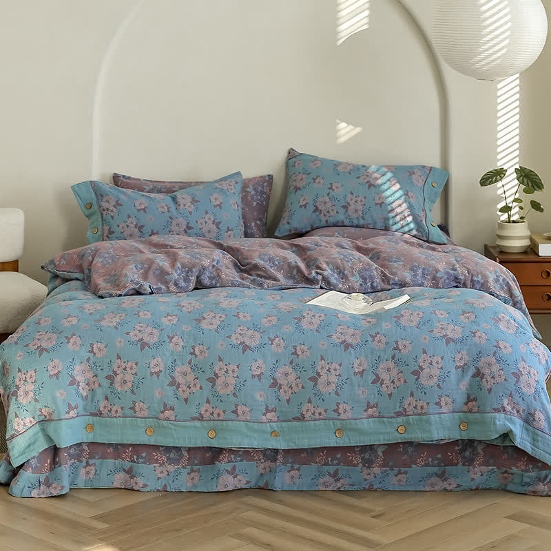 Parure de lit en gaze de coton jacquard à motif floral et boutons (4 pièces)