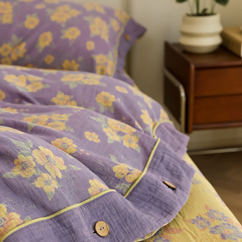 Parure de lit en gaze de coton jacquard à motif floral et boutons (4 pièces)