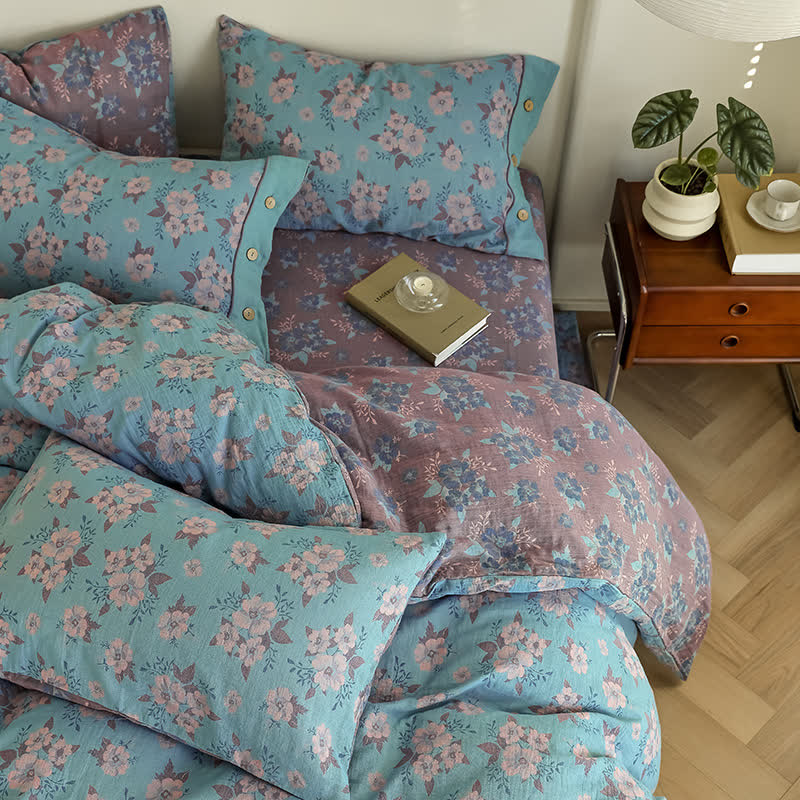 Parure de lit en gaze de coton jacquard à motif floral et boutons (4 pièces)