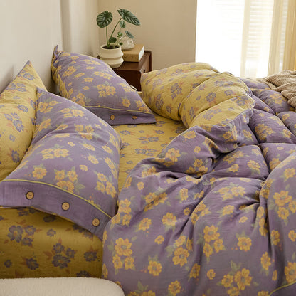 Parure de lit en gaze de coton jacquard à motif floral et boutons (4 pièces)