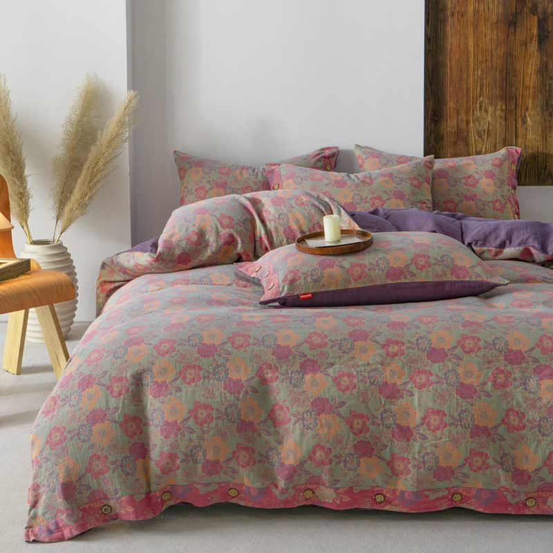 Parure de couette avec boutons fleuris (4 pièces)