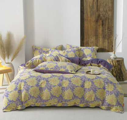Parure de lit en gaze de coton jacquard motif tournesol (4 pièces)