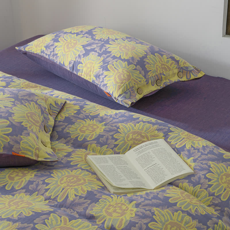 Parure de lit en gaze de coton jacquard motif tournesol (4 pièces)