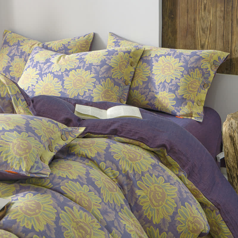 Parure de lit en gaze de coton jacquard motif tournesol (4 pièces)