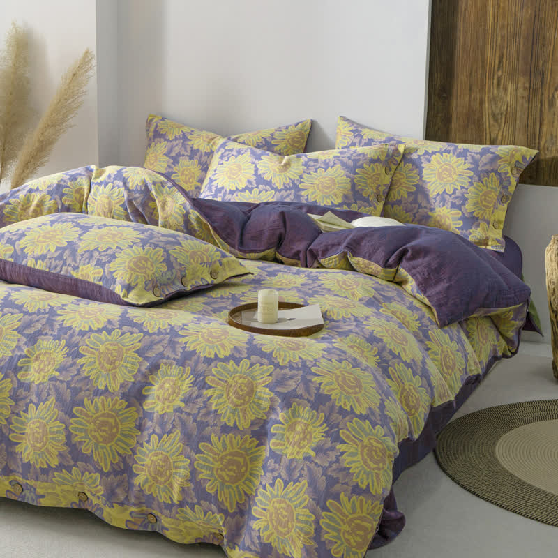 Parure de lit en gaze de coton jacquard motif tournesol (4 pièces)