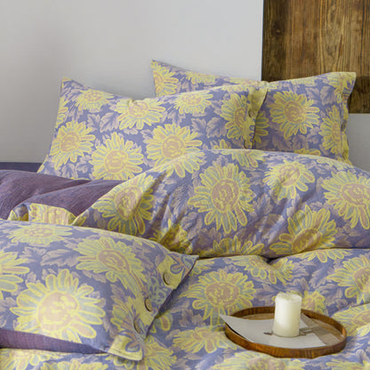 Parure de lit en gaze de coton jacquard motif tournesol (4 pièces)