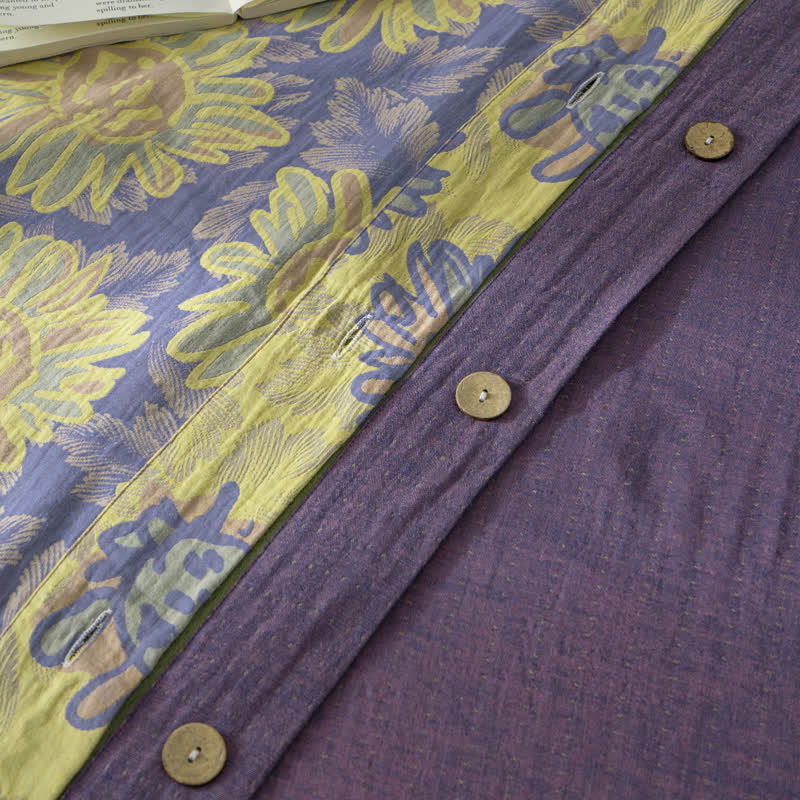 Parure de lit en gaze de coton jacquard motif tournesol (4 pièces)