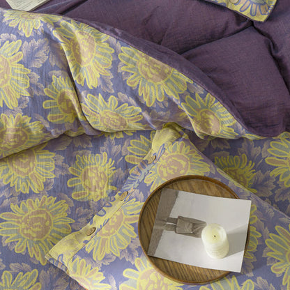 Parure de lit en gaze de coton jacquard motif tournesol (4 pièces)