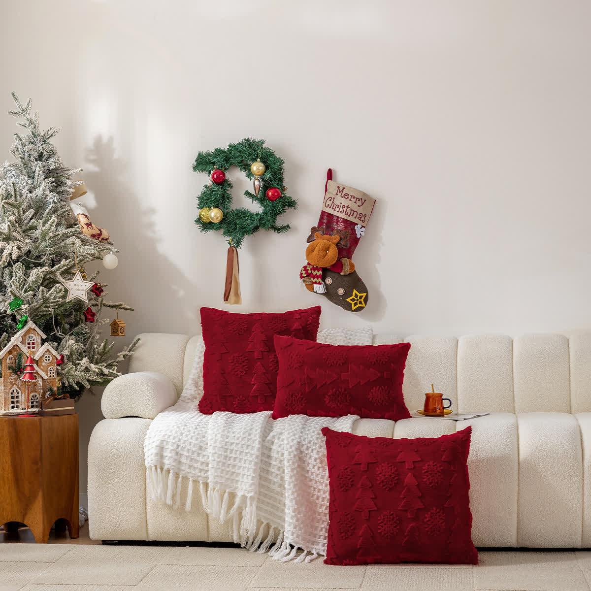 Housse de coussin jacquard avec décoration sapin de Noël
