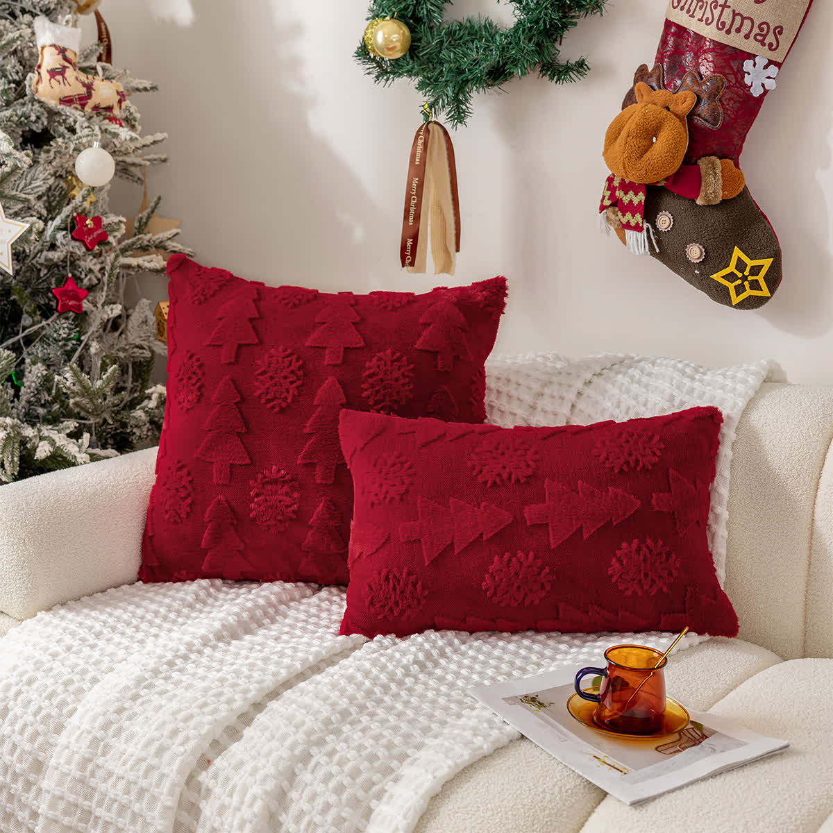 Housse de coussin jacquard avec décoration sapin de Noël