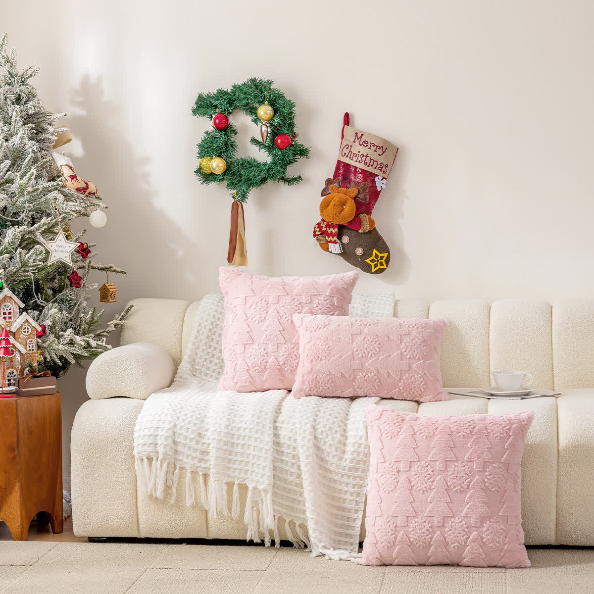 Housse de coussin jacquard avec décoration sapin de Noël