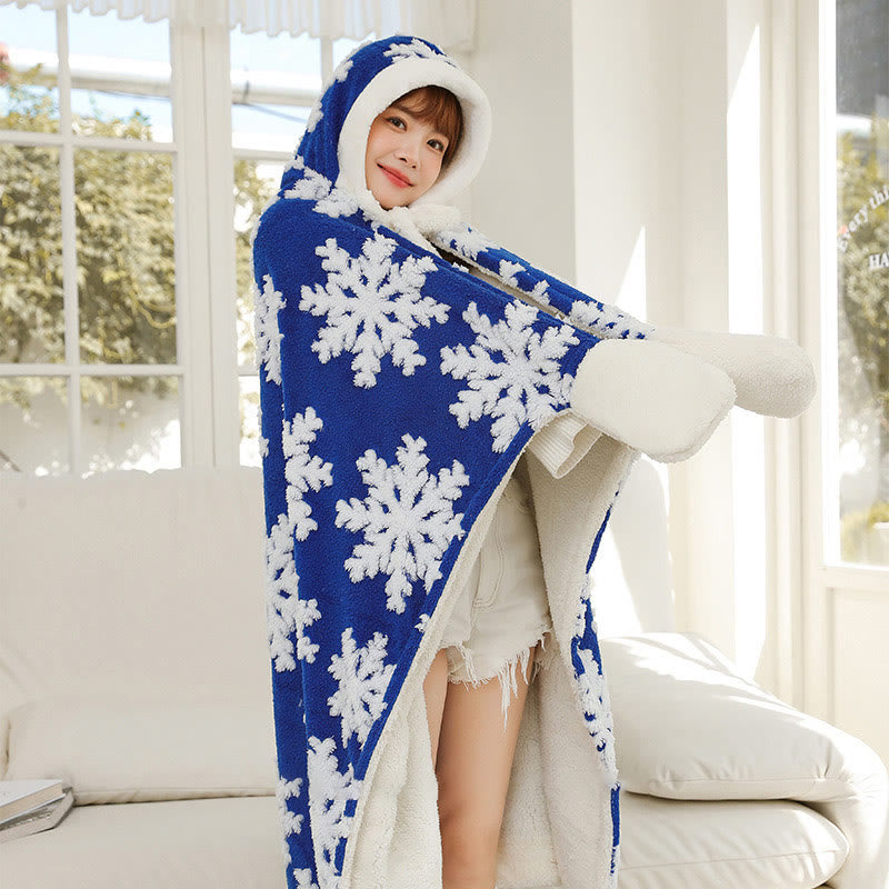 Couverture châle polaire avec capuche et gants au motif flocon de neige