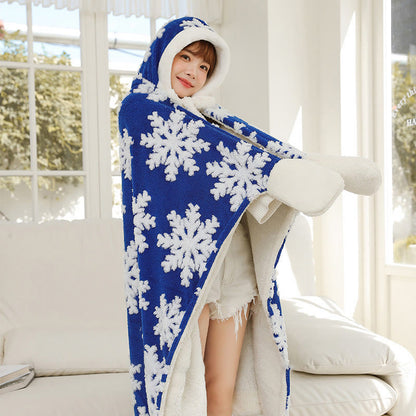 Couverture châle polaire avec capuche et gants au motif flocon de neige