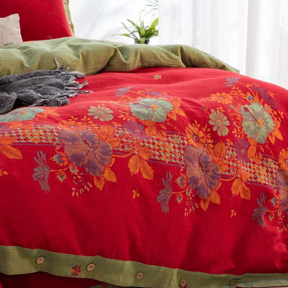 Parure de lit en pur coton avec motif floral et boutons (4 pièces)