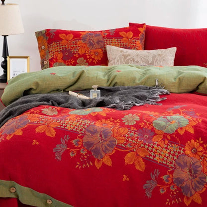 Parure de lit en pur coton avec motif floral et boutons (4 pièces)