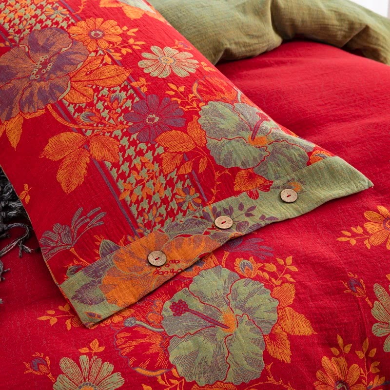 Parure de lit en pur coton avec motif floral et boutons (4 pièces)