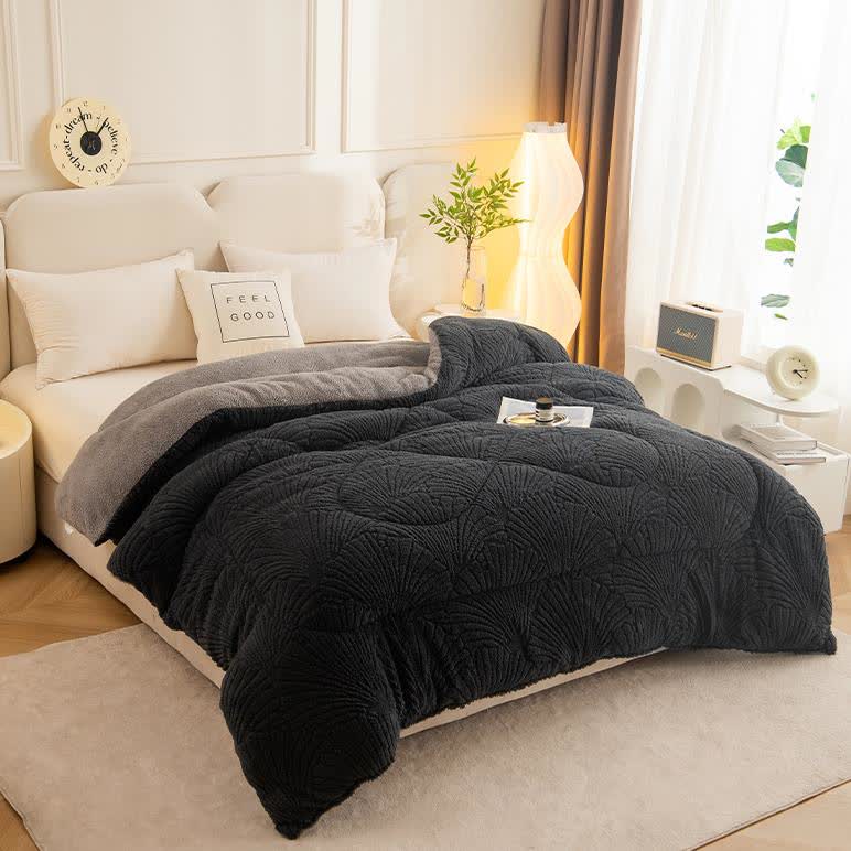 Couverture jacquard sherpa avec feuille de ginkgo et âme matelassée