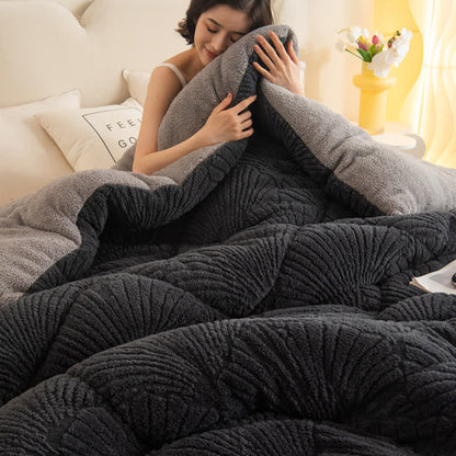 Couverture jacquard sherpa avec feuille de ginkgo et âme matelassée