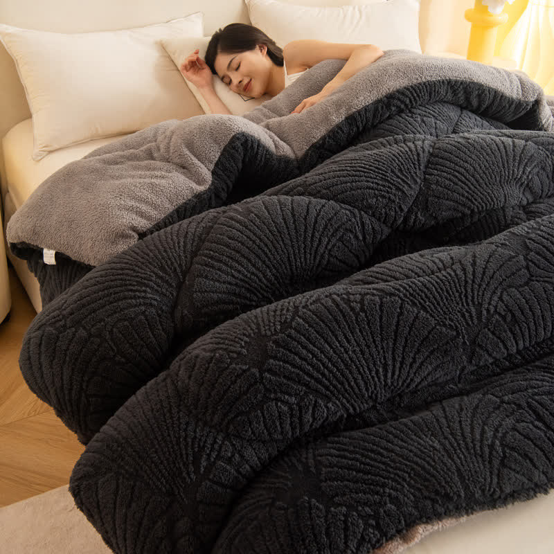 Couverture jacquard sherpa avec feuille de ginkgo et âme matelassée
