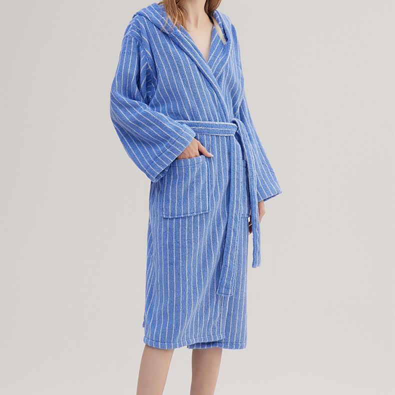 Peignoir cape rayé en pur coton avec capuche