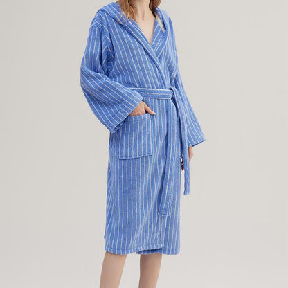 Peignoir cape rayé en pur coton avec capuche