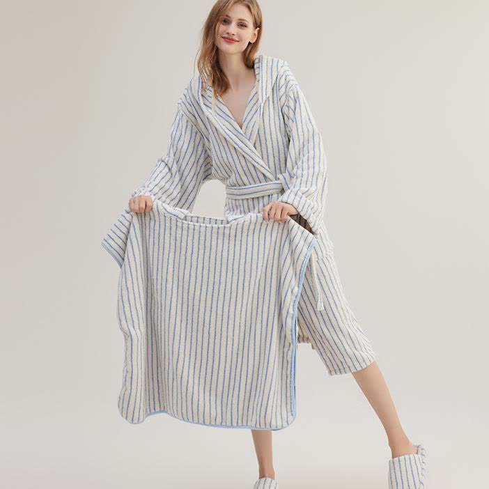 Peignoir cape rayé en pur coton avec capuche