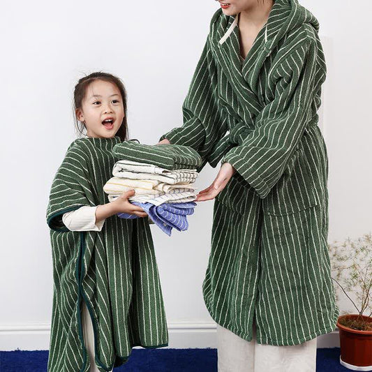 Peignoir cape rayé en pur coton avec capuche