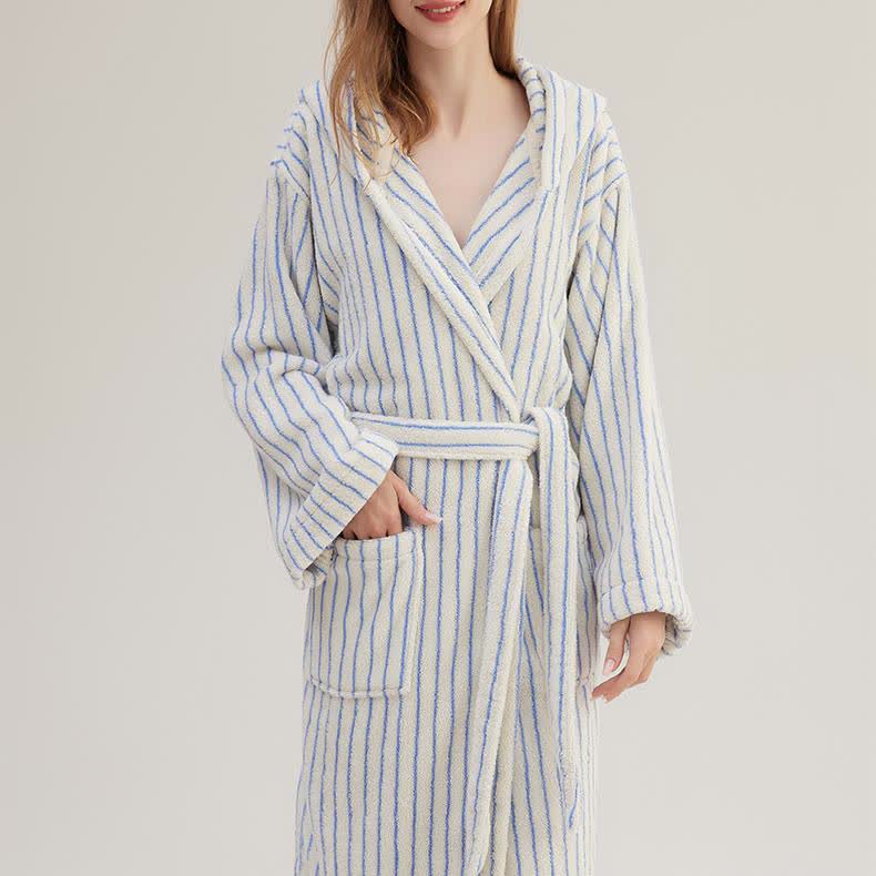 Peignoir cape rayé en pur coton avec capuche