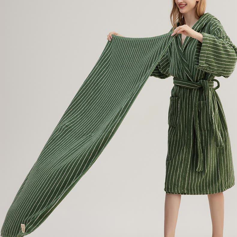 Peignoir cape rayé en pur coton avec capuche