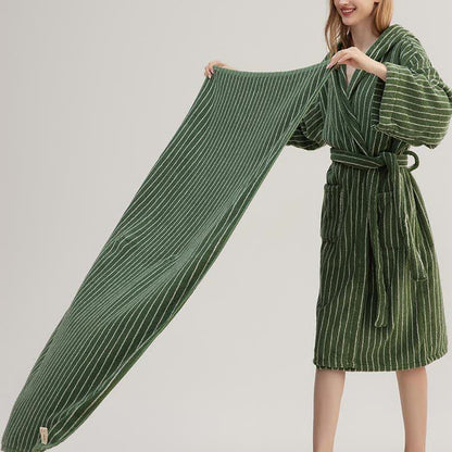 Peignoir cape rayé en pur coton avec capuche